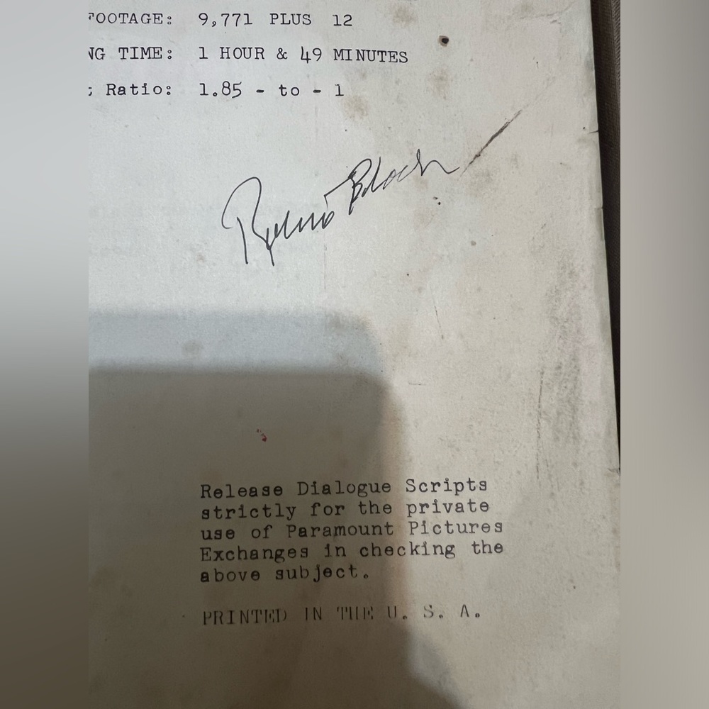 ❌SOLD❌Original Psycho Dialogue Movie Script Signed By Book Author Robert Bloch - Picture 7 of 14
